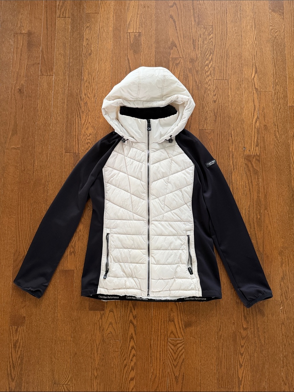 Calvin Klein Performance White and Black Hybrid Hooded Puffer Jacket